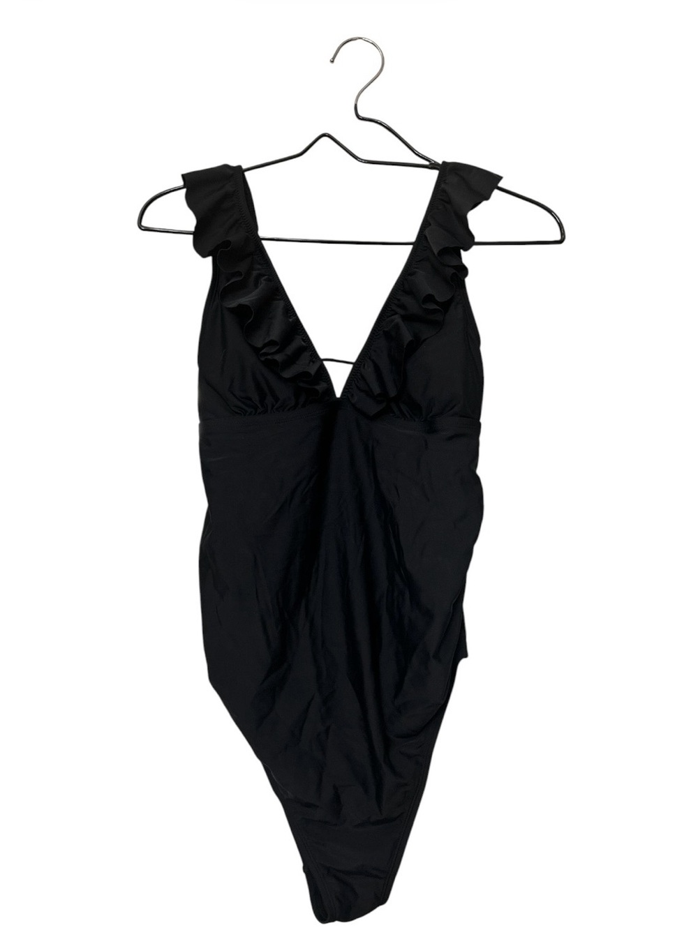NWT CUPSHE Black Ruffle V-Neck One-Piece Swimsuit Size S Lace-Up Back